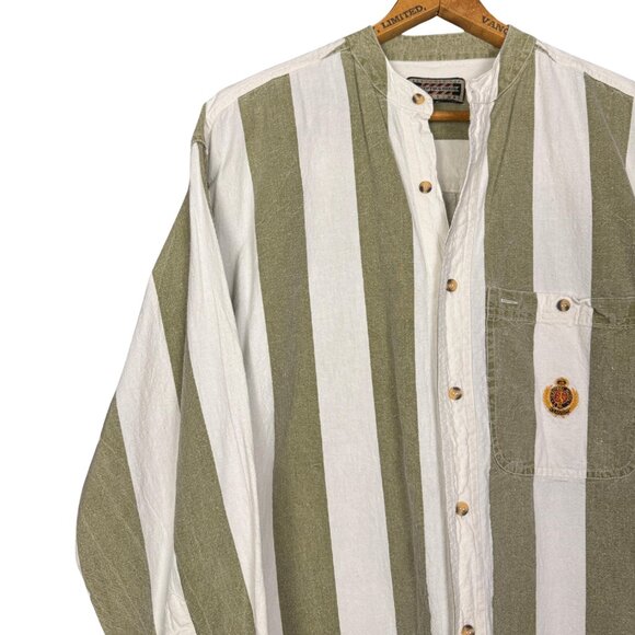 Vintage 90s Green White Stripe Cotton Shirt Preppy Button Down Coastal Grandpa - Picture 2 of 10